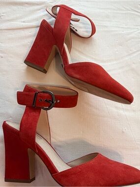 Topshop Red Suede Block Heel Ankle Strap Pumps